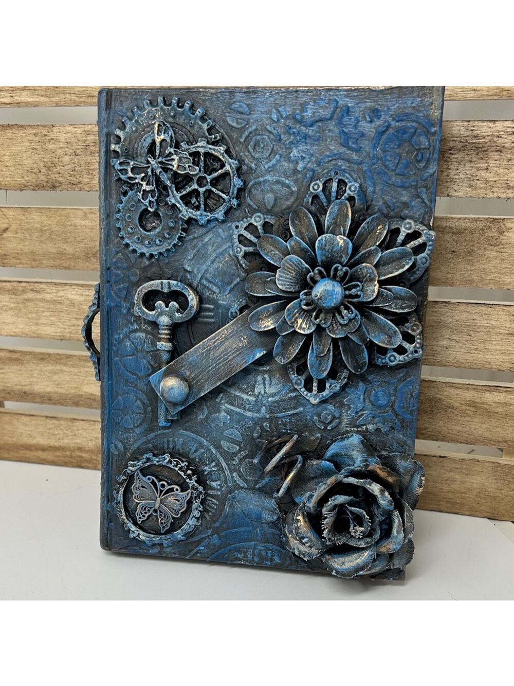 Handcrafted Blue Metallic Flower & Gear Altered Book